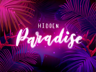 Dark blue and violet neon tropical design with palm leaves and 3d lettering. Summer night vector illustration.
