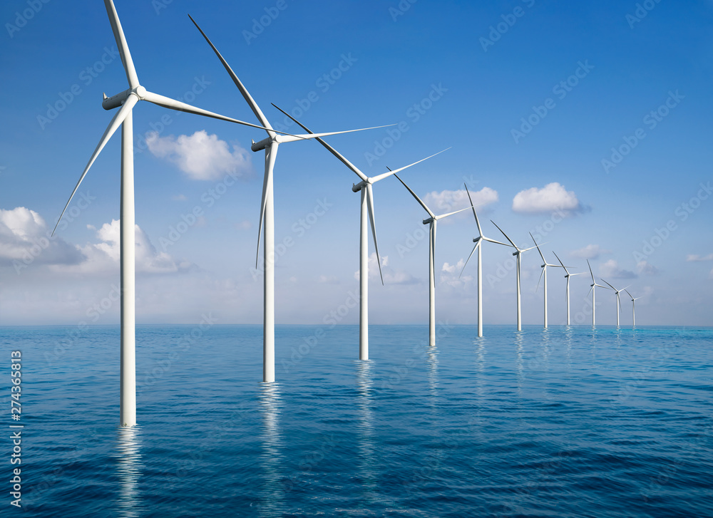 Wall mural wind turbine farm power generator in beautiful nature landscape for production of renewable green en