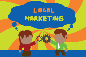 Text sign showing Local Marketing. Business photo showcasing A local business where a product buy and sell in area base Standing young couple sharing gear. Man tie woman skirt commerce relation