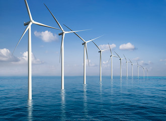 Wind turbine farm power generator in beautiful nature landscape for production of renewable green energy is friendly industry to environment. Concept of sustainable development technology. © InfiniteFlow