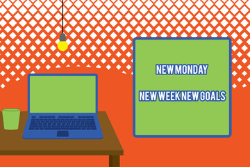 Writing note showing New Monday New Week New Goals. Business concept for showcasing next week resolutions To do list Front view open laptop lying on wooden desktop light bulb falling glass