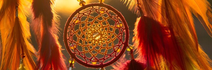 Banner of Handmade dream catcher with feathers threads and beads rope hanging