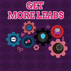 Text sign showing Get More Leads. Business photo showcasing to have more customers and improve your target sales Set of Global Online Social Networking Icons Inside Colorful Cog Wheel Gear