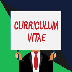 Conceptual hand writing showing Curriculum Vitae. Concept meaning overview of demonstrating qualifications for job opportunity Just man chest dark suit tie no face holding blank rectangle