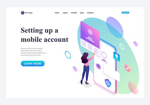 Isometric young girl with mobile phone, filling in the profile of the mobile account. Template landing page