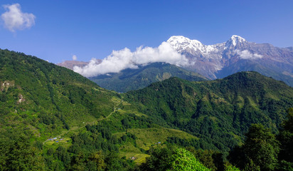 Fototapeta na wymiar Snow covered peak of Annapurna Massif