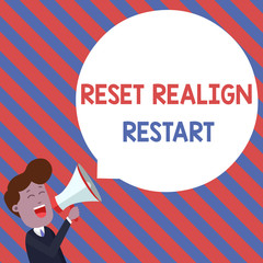 Word writing text Reset Realign Restart. Business photo showcasing Life audit will help you put things in perspectives Young Man Shouting into Megaphone Floating Round Shape Empty Speech Bubble