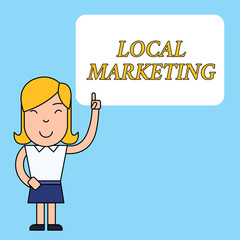Writing note showing Local Marketing. Business concept for A local business where a product buy and sell in area base Woman Standing with Raised Left Index Finger Pointing at Blank Text Box