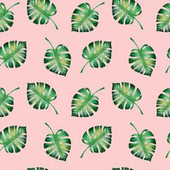 Seamless pattern from tropical leaves. Monstera. Watercolor painting. Exotic plant. Natural print. Sketch drawing. Botanical composition. Greeting card. Painted background. Hand drawn illustration