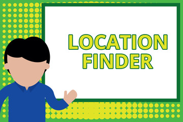 Word writing text Location Finder. Business photo showcasing A service featured to find the address of a selected place Young man standing in front whiteboard pointing to project. photo Art