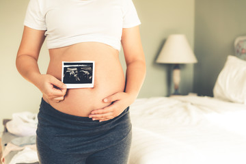 Pregnant woman feeling happy at home while taking care of her child. The young expecting mother...