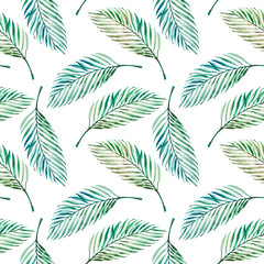 Seamless pattern from tropical leaves. Palm. Watercolor painting. Exotic plant. Natural print. Sketch drawing. Botanical composition. Greeting card. Painted background. Hand drawn illustration