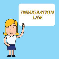 Writing note showing Immigration Law. Business concept for Emigration of a citizen shall be lawful in making of travel Woman Standing with Raised Left Index Finger Pointing at Blank Text Box