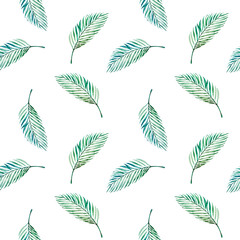 Seamless pattern from tropical leaves. Palm. Watercolor painting. Exotic plant. Natural print. Sketch drawing. Botanical composition. Greeting card. Painted background. Hand drawn illustration