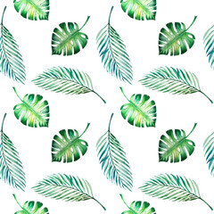 Tropical leaves seamless pattern. Monstera, palm. Watercolor painting. Exotic plant. Natural print. Sketch drawing. Botanical composition. Greeting card. Painted background. Hand drawn illustration