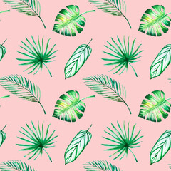 Tropical leaves seamless pattern. Monstera, palm.  Watercolor painting. Exotic plant. Natural print. Sketch drawing. Botanical composition. Greeting card. Painted background. Hand drawn illustration
