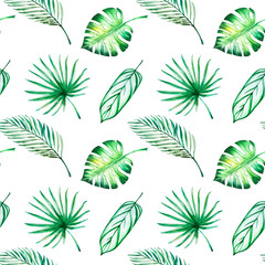 Tropical leaves seamless pattern. Monstera, palm.  Watercolor painting. Exotic plant. Natural print. Sketch drawing. Botanical composition. Greeting card. Painted background. Hand drawn illustration