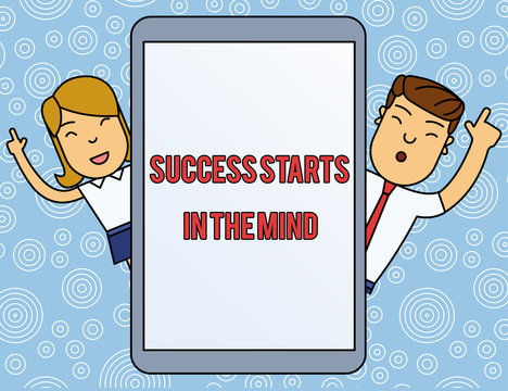 Word writing text Success Starts In The Mind. Business photo showcasing set your mind to positivity it can go a long way Male and Female Index Fingers Up Touch Screen Tablet Smartphone Device
