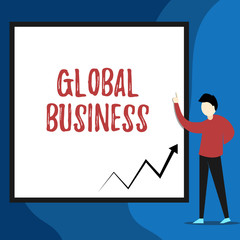 Word writing text Global Business. Business photo showcasing Trade and business system a company doing across the world View young man standing pointing up blank rectangle Geometric background