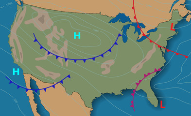 Weather forecast. Meteorological weather map of the United State of America. Realistic synoptic map USA with aditable generic map showing isobars and weather fronts. Topography and physical map. - obrazy, fototapety, plakaty