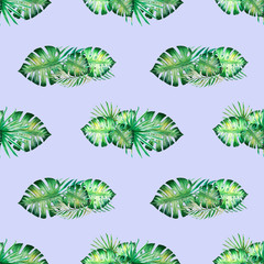 Fototapeta na wymiar Tropical leaves seamless pattern. Monstera, palm. Watercolor painting. Exotic plant. Natural print. Sketch drawing. Botanical composition. Greeting card. Painted background. Hand drawn illustration