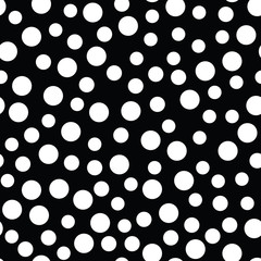 Polka Dot nahtlose Vektormuster schwarzen Hintergrund. Weißer und schwarzer Tupfenhintergrund. Chaotische Elemente. Abstrakte geometrische Formbeschaffenheit. Designvorlage für Tapeten, Verpackungen, Textilien..