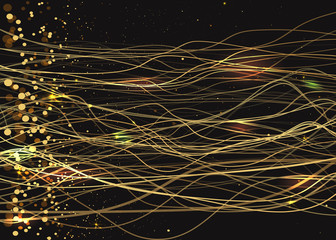 Particles lines waves golden dust curl, with bokeh and twinkles, glitter luxury background for web and print