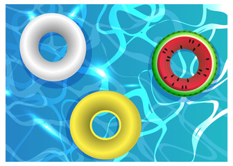 Swimming pool with colorful floats inflatable rings