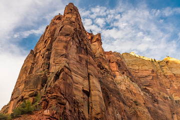 A view of the amazing Angel's Landing from the canyon floor at Zion National Park, USA against a bright blue sky