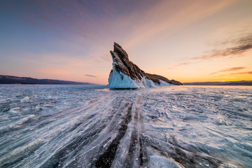 Ice patterns on Lake Baikal. Siberia, Russia - obrazy, fototapety, plakaty