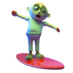 Even undead zombie monsters can enjoy surfing on a surfboard, 3d illustration