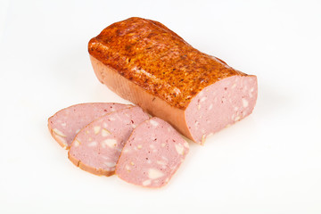 Tasty meat sausages over white background