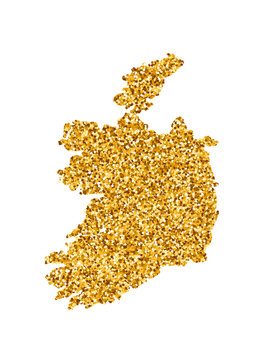 Vector isolated illustration with simplified Ireland map (independent state). Decorated by shiny gold glitter texture. Christmas and New Year holidays' decoration for greeting card