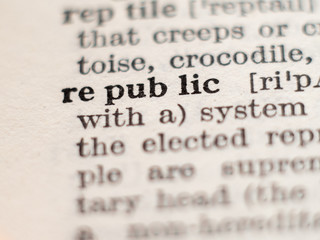 Dictionary definition of word republic, selective focus.