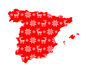 Vector isolated illustration for New Year and Christmas holiday. Simplified Spain map. Red pattern decorated white cross stitched snowflakes and reindeers