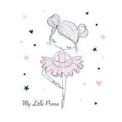 Little dancing Ballerina. Childish vector graphic doodle illustration - obrazy, fototapety, plakaty