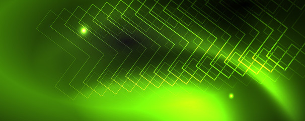 Shiny neon techno template. Neon lines background, 80s style laser rays