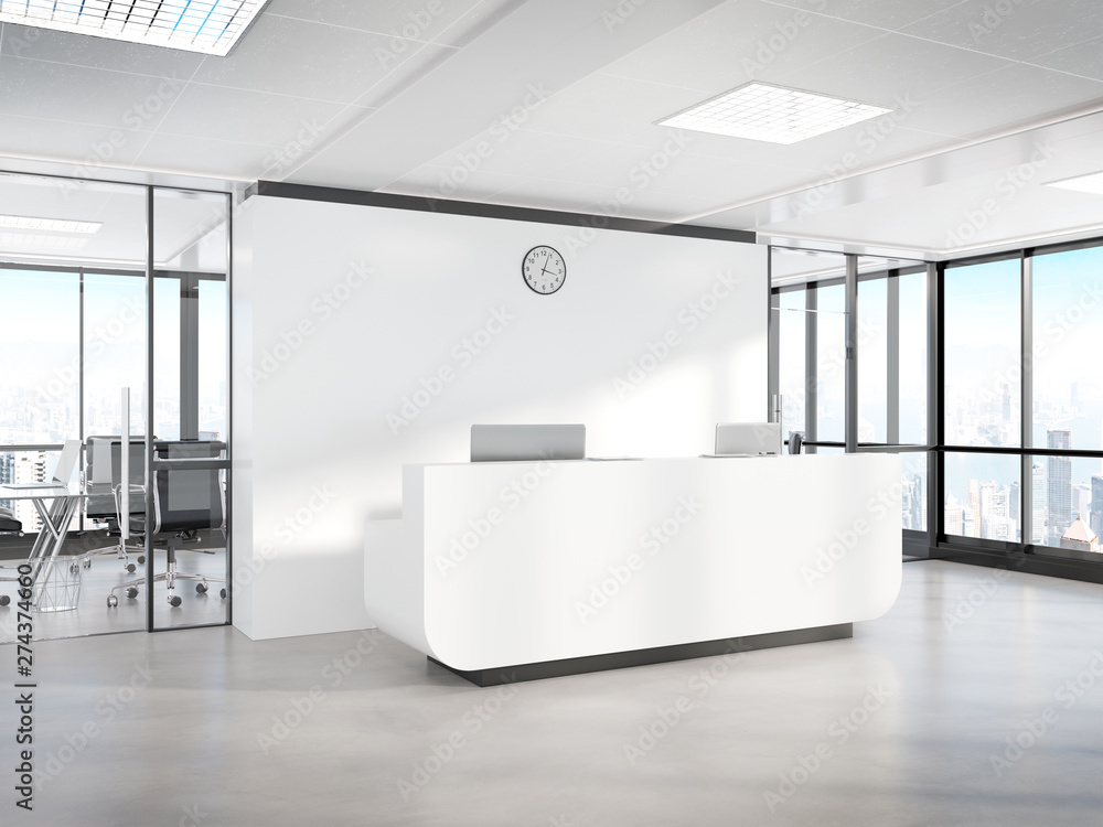 Poster Blank white reception desk in concrete office with large windows Mockup 3D rendering