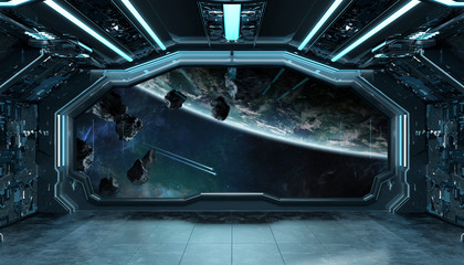 Dark blue spaceship futuristic interior with window view on planet Earth 3d rendering