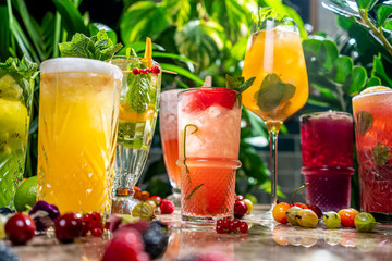 Colorful cocktails on the bar table in restaurant.
