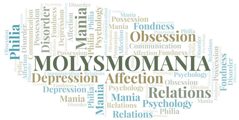 Molysmomania word cloud. Type of mania, made with text only.