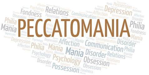 Peccatomania word cloud. Type of mania, made with text only.