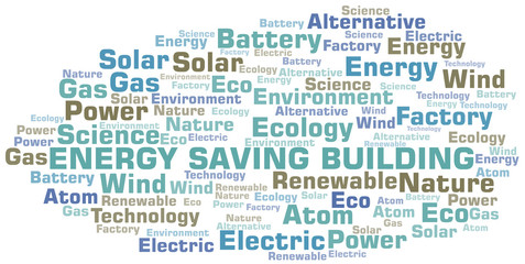 Energy Saving Building word cloud. Wordcloud made with text only.