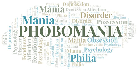 Phobomania word cloud. Type of mania, made with text only.
