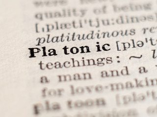 Dictionary definition of word platonic, selective focus.