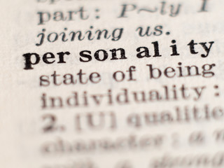 Dictionary definition of word personality, selective focus.