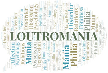 Loutromania word cloud. Type of mania, made with text only.