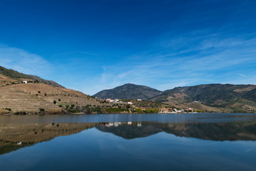 View of Douro River with terraced vineyards near the village of Foz Coa, in Portugal; Concept for travel in Portugal and most beautiful places in Portugal