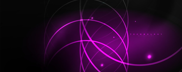 Dark abstract background with bright color neon lights and lines. Glowing background