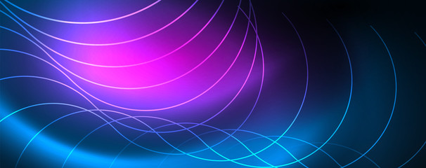 Trendy neon blue abstract design with waves and circles. Neon light glowing effect. Abstract digital background.